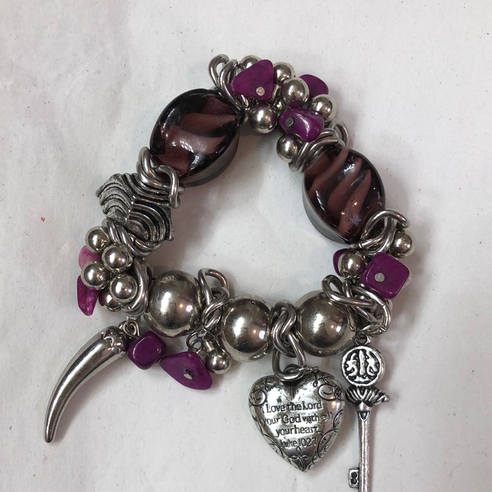Silver and Purple Beaded Charm Bracelet